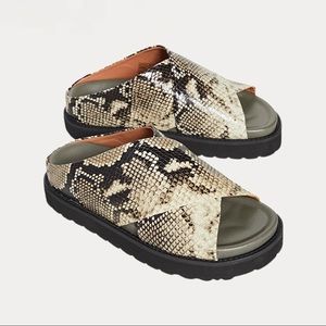 GANNI Crossover Slide Sandals, Kalamata Tan Embossed Leather (Size 6). MSRP $345